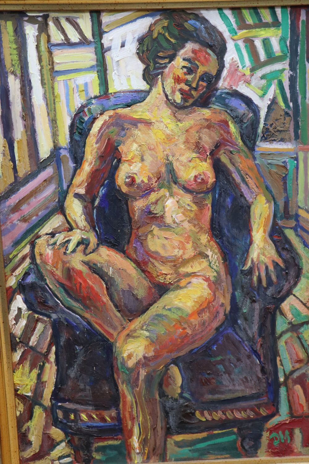 Dino Mazzoli, oil on board, Seated female nude and another nude study by Gill Emslie, 55 x 37cm and 60 x 75cm